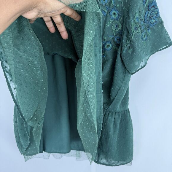 Zara Trafaluc Blouse Small Green Embroidered Ruffle Peplum Top Short Sleeves - Picture 10 of 16